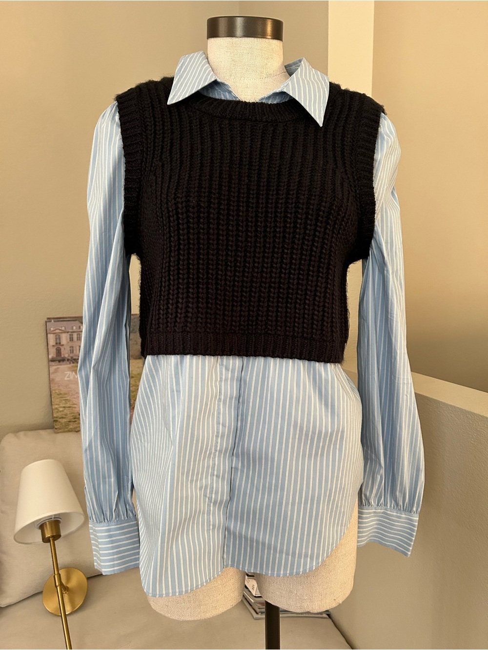 cinq a sept dark blue Cropped Knit Vest Over Light Blue Striped Shirt